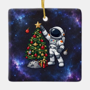 Weihnachts-Astronaut schmückt einen Mondbaum Keramikornament