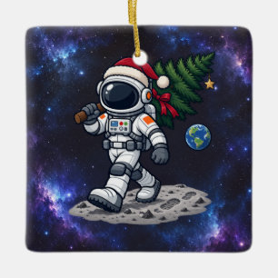 Weihnachts-Astronaut trägt einen Mondbaum Keramikornament