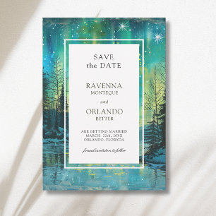 Weihnachts-Aurora-Waldsee-Nachthimmel-Hochzeit Save The Date
