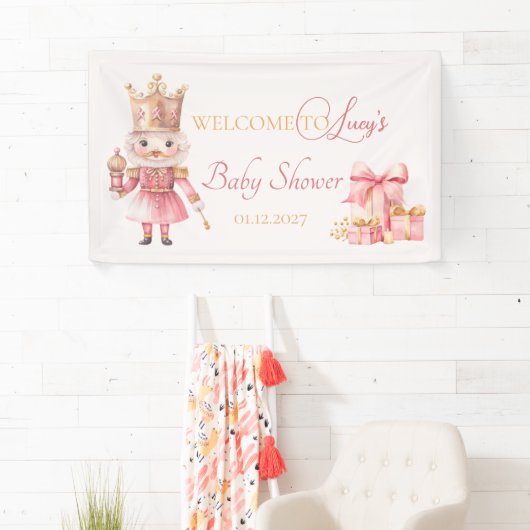Weihnachts-Baby-Dusche: Rosa Nutcracker Willkommen Banner (Insitu)