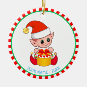 Weihnachts-Baby-Elf & Benutzerdefinierter Name Keramik Ornament