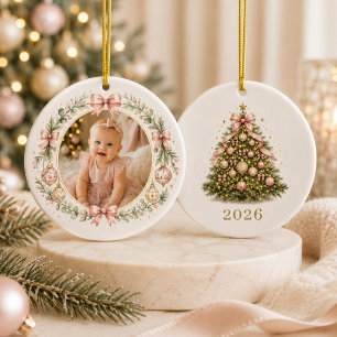 Weihnachts-Baby-Mädchen Coquette-Schleife Foto Keramik Ornament