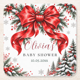 Weihnachts-Baby-Shower-Unterlage mit roter Schleif Rechteckiger Pappuntersetzer