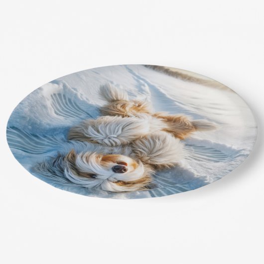 Weihnachts-Bartan Collie Snow Angel Pappteller (Schrägansicht)