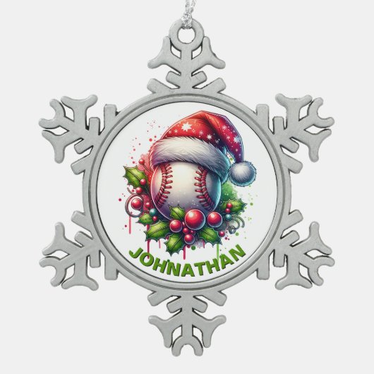 Weihnachts-Baseball-Individuelle Name mit Weihnach Schneeflocken Zinn-Ornament (Vorderseite)