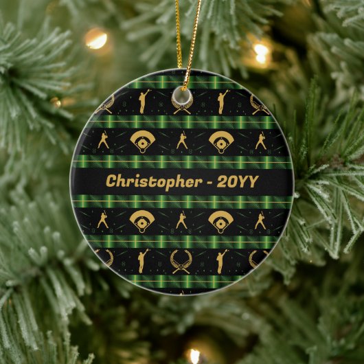 Weihnachts-Baseball-Spieler - Grüner Karo Keramik Ornament (Baum)