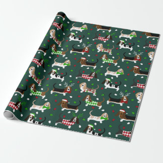 Weihnachts Basset Hound Forest Green Geschenkpapier
