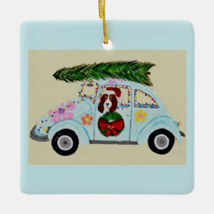 Weihnachts-Basset-Hound in Hippie-Auto Keramikornament