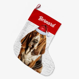 Weihnachts-Basset-Hund mit dem Namen des Hundes Großer Weihnachtsstrumpf