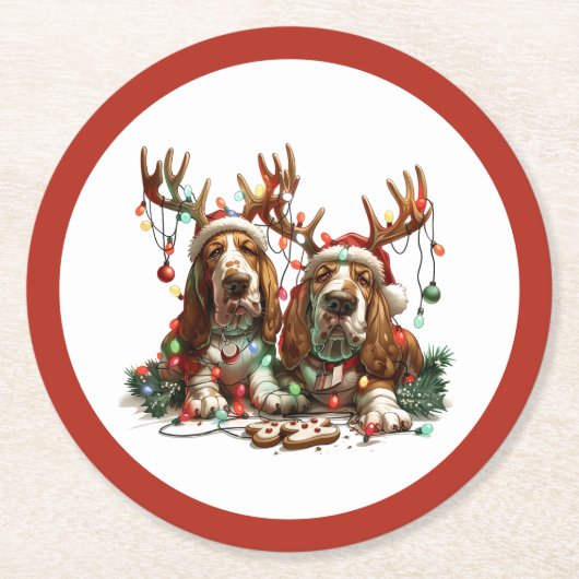 Weihnachts-Basset-Hunde Runder Pappuntersetzer (Vorderseite)