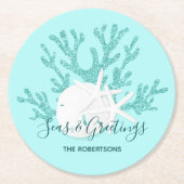 Weihnachts Beach Sand Dollar Starfish Aqua Blue Runder Pappuntersetzer (Vorderseite)
