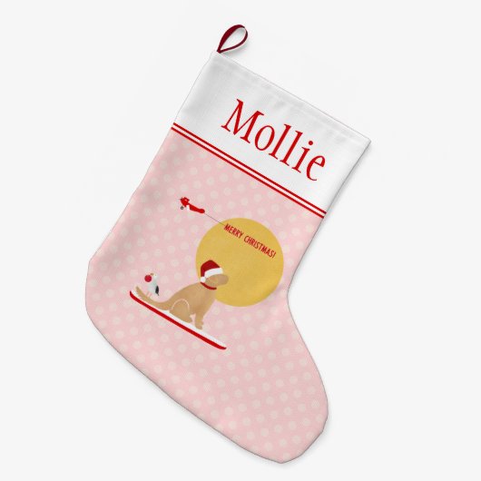 Weihnachts Beach Surfen Hund Rosa Strumpf Großer Weihnachtsstrumpf (Vorderansicht (hängend))