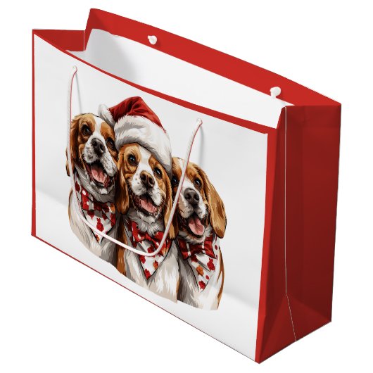 Weihnachts-Beagle-Hunde Große Geschenktüte (Vorderseite Schrägansicht)
