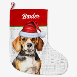 Weihnachts-Beagle mit dem Namen des Hundes Großer Weihnachtsstrumpf