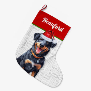 Weihnachts-Beauceron mit dem Namen des Hundes Großer Weihnachtsstrumpf