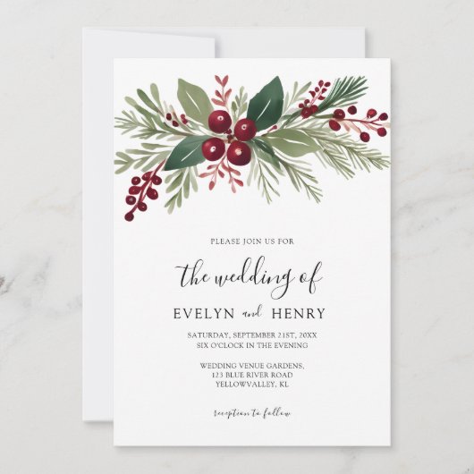Weihnachts Berries Greenerity Wedding Einladung (Vorderseite)