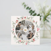 Weihnachts Berries Wreath Foto Collage Feiertagskarte (Stehend Vorderseite)