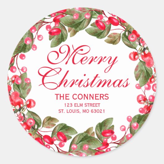 Weihnachts-Berries-Wreath-Rücksendeadresse Runder Aufkleber (Vorderseite)