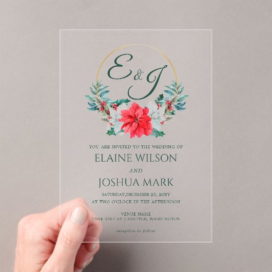 Weihnachts Berry Poinsettia Wreath Monogram Weddin Acryleinladungen (Insitu (Handheld))