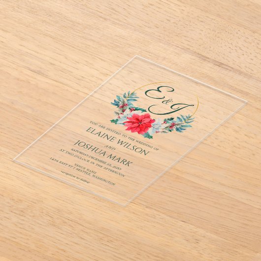 Weihnachts Berry Poinsettia Wreath Monogram Weddin Acryleinladungen (Ablage )