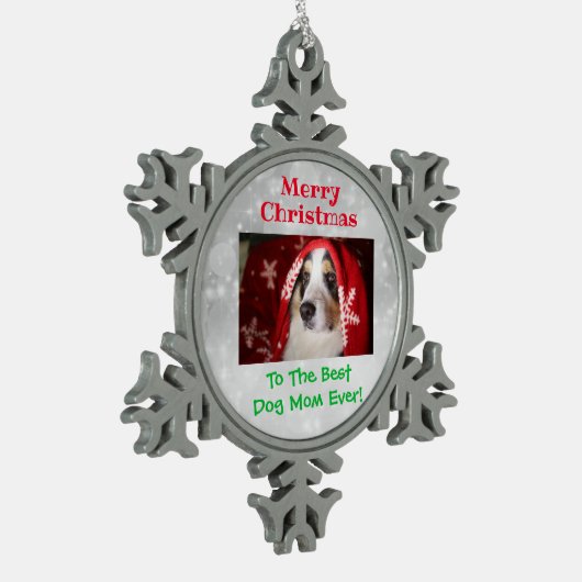 Weihnachts Beste Hündin Mama je Begleiter Foto Schneeflocken Zinn-Ornament (Links)