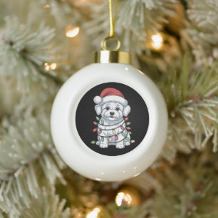 Weihnachts-Bichon-Frise-Hund-Santa-Hut-Xmas-Lichte Keramik Kugel-Ornament