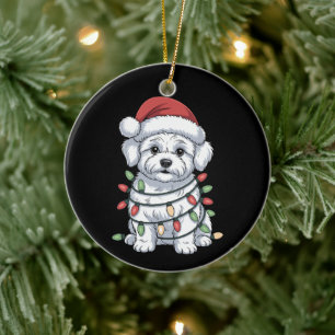 Weihnachts-Bichon-Frise-Hund-Santa-Hut-Xmas-Lichte Keramik Ornament