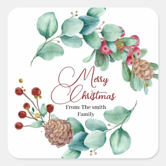 Weihnachts-Blätter und Holi-Kranz mit Pinecone Quadratischer Aufkleber (Vorderseite)