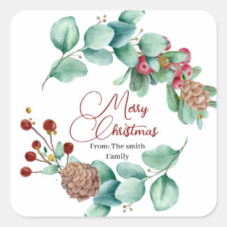 Weihnachts-Blätter und Holi-Kranz mit Pinecone Quadratischer Aufkleber