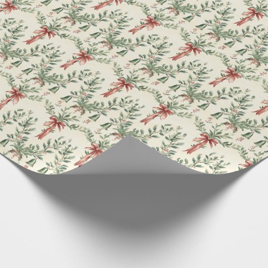 Weihnachts-Blätter und Rote Ribbons Geschenkpapier (Ecke)