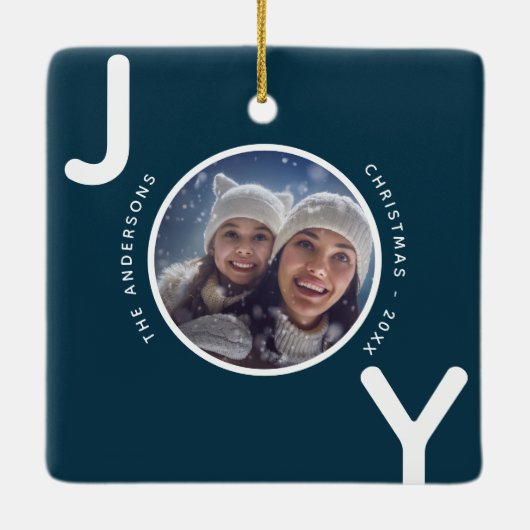 Weihnachts-Blau-Freude-Foto modern Keramikornament (Rückseite)