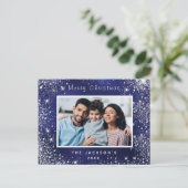 Weihnachts-Blau-Glitzer-Foto Einladungspostkarte (Stehend Vorderseite)