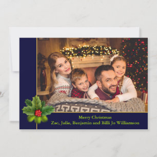Weihnachts-Blau- und Goldrahmen mit Holly-Foto Feiertagskarte