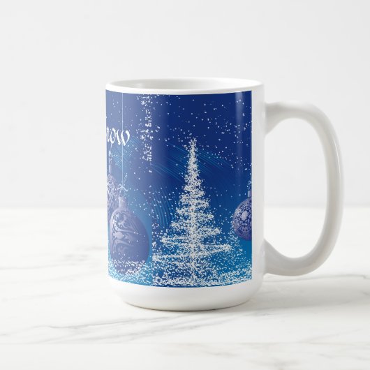 Weihnachts-Blaue Ornamente Weiße Bäume Kaffeetasse (Rechts)