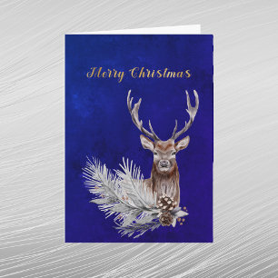 Weihnachts-Blauhirsch-Tannen-Zweig Zapfen Aquarell Feiertagskarte