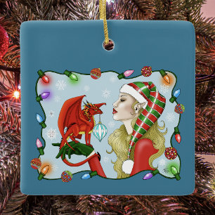 Weihnachts-Blondine-Elfe-Roter-Drache-Fantasy Keramikornament