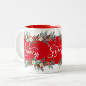 Weihnachts-Blume-Bänder-Let it's Snowtypografie Zweifarbige Tasse (Vorderseite Links)