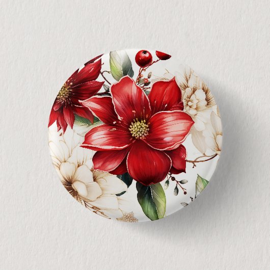 Weihnachts-Blume Poinsettia Rotes Grünes Muster Button (Vorderseite)