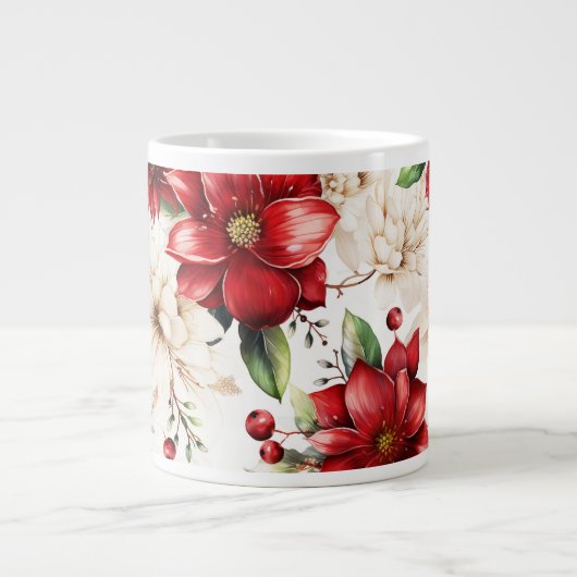 Weihnachts-Blume Poinsettia Rotes Grünes Muster Jumbo-Tasse (Vorderseite)