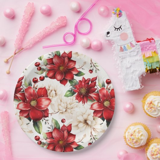 Weihnachts-Blume Poinsettia Rotes Grünes Muster Pappteller (Party)