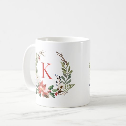Weihnachts-Blume Wreath Custom Monogram Kaffeetasse (Vorderseite Links)