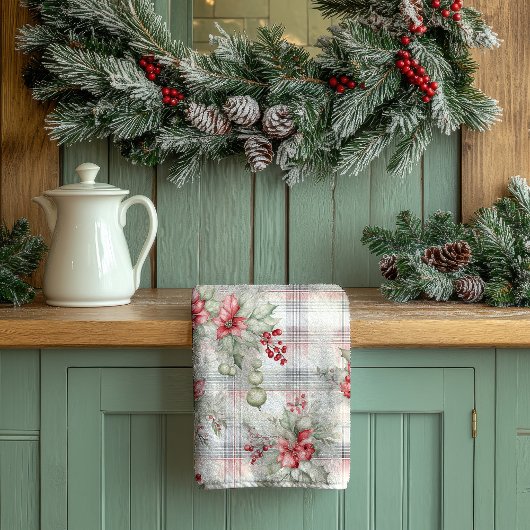 Weihnachts-Blumen-Tartan-Karo | Geschirrtuch