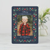 Weihnachts Blumenrahmen Foto Navy Feiertagskarte (Stehend Vorderseite)