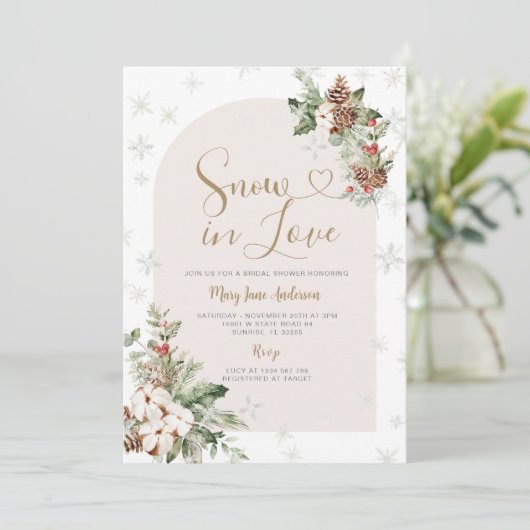 Weihnachts-Blumenschnee in der Liebe Winter Brautp Einladung (Stehend Vorderseite)
