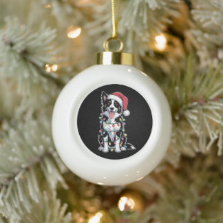 Weihnachts Border Collie Hund Santa Hut Xmas Licht Keramik Kugel-Ornament