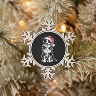 Weihnachts Border Collie Hund Santa Hut Xmas Licht Schneeflocken Zinn-Ornament