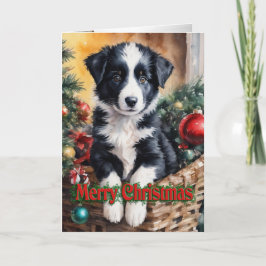 Weihnachts-Border-Collie-Welpe in einem Korb Feiertagskarte