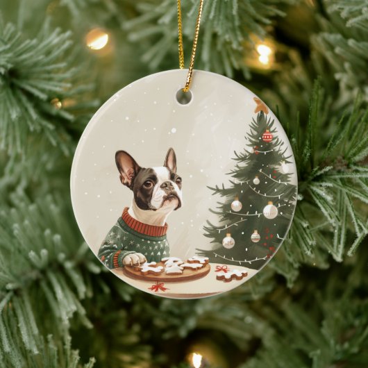 Weihnachts Boston Terrier Hund Keramik Ornament (Baum)