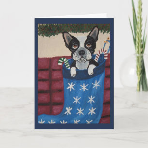 Weihnachts-Boston-Terrier in einer Strumpfhose Karte