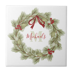 Weihnachts-Botanik-Kranz rotes Stechpalmen-Monogra Fliese
